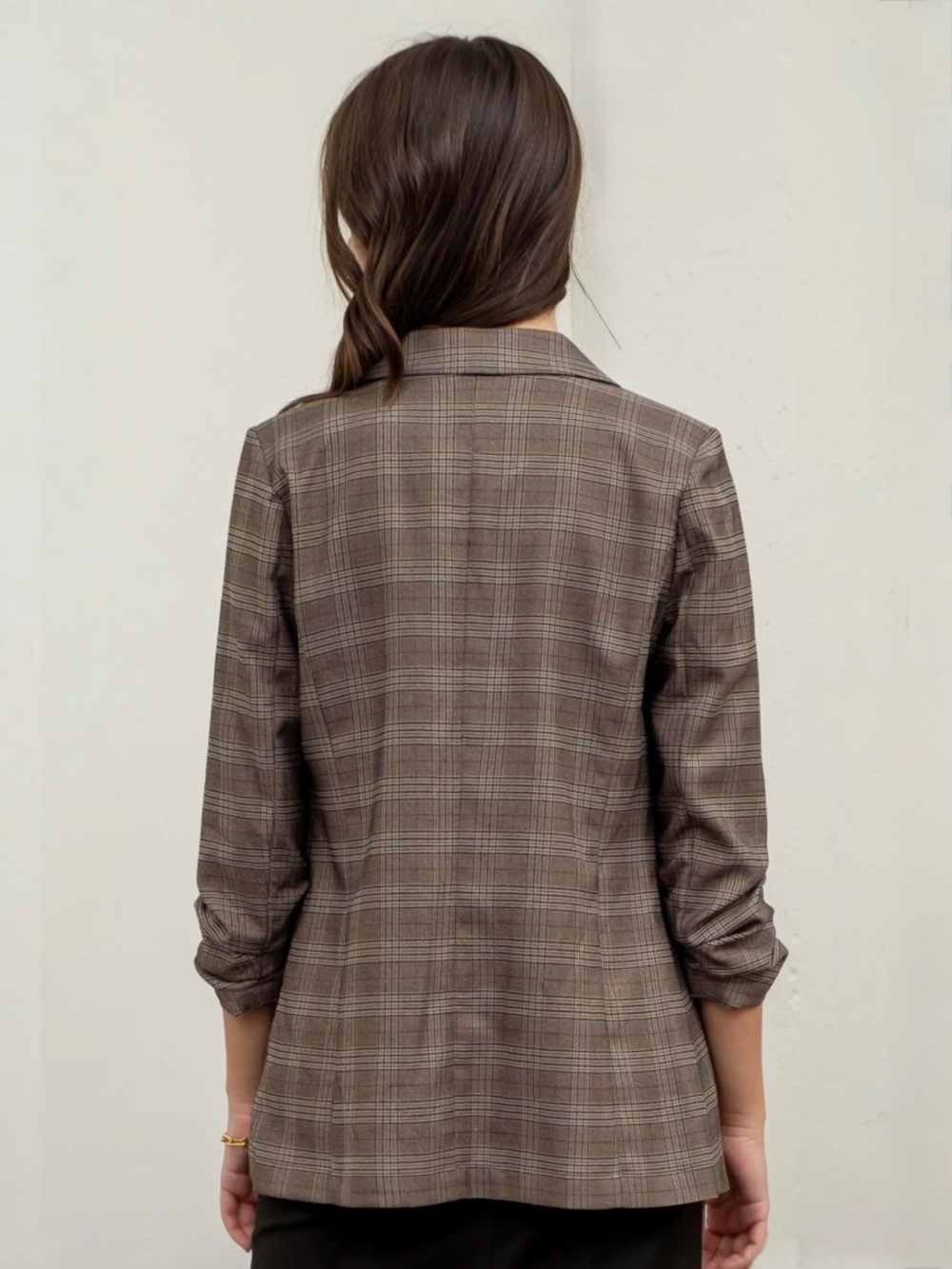 Studio Brown Plaid 3/4 Sleeve Ruched Blazer Sm Med Lg - Picture 5 of 16